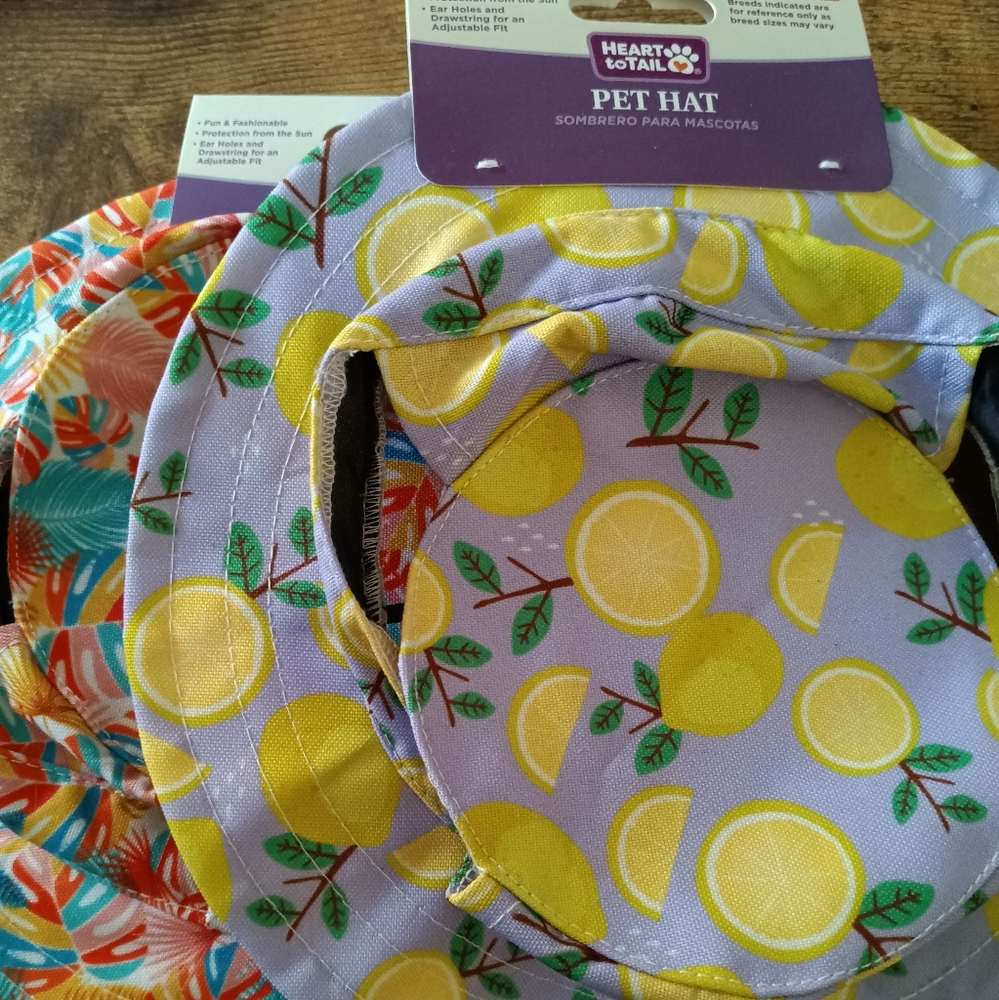 TWO Heart to Tail Pet Hats, one  with Lemon Print, and other is tropical print.